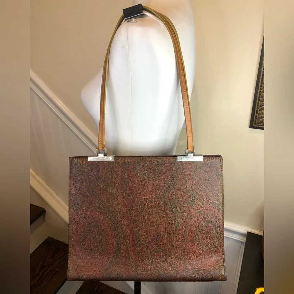 ETRO Red Paisley Vachetta Leather Two Strap Snap Tote Shopper Shoulder Bag - Picture 4 of 17